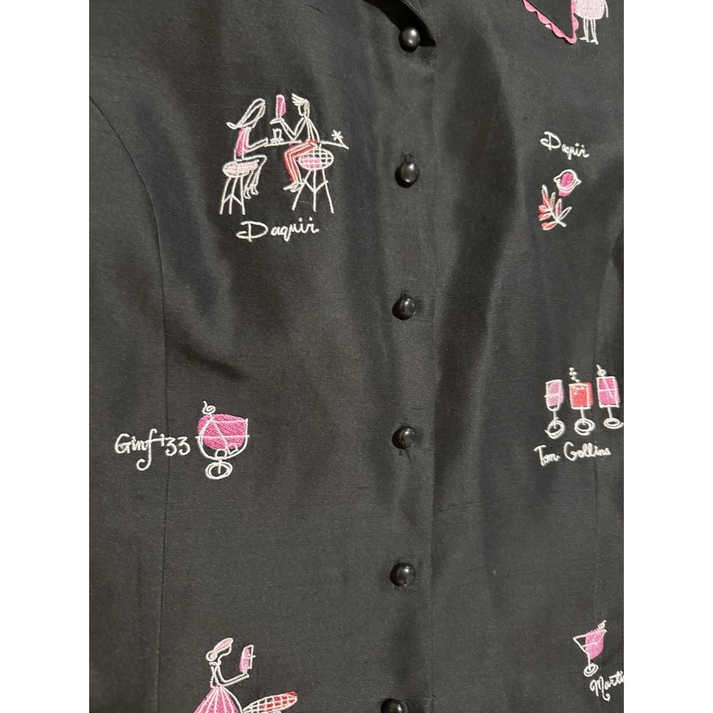 Silkland Black DRINKS Embroidered 100% Silk Top 10 Martini Daiquiri Sleeveless - Picture 2 of 4